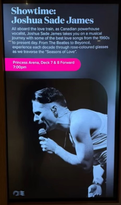 Showtime marquee aboard the Star Princess featuring Violet Crowned Media's photograph of Joshua Sade James